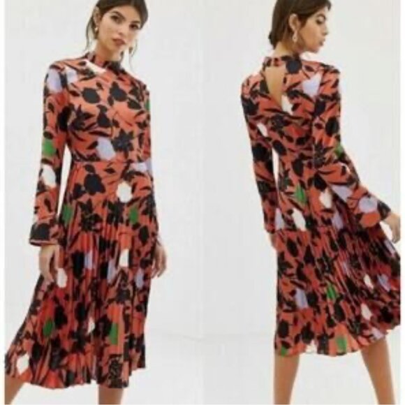 ASOS Dresses & Skirts - Asos Design Pleated Midi Floral Teacher Secretary Flute Sleeve Dress Size 8